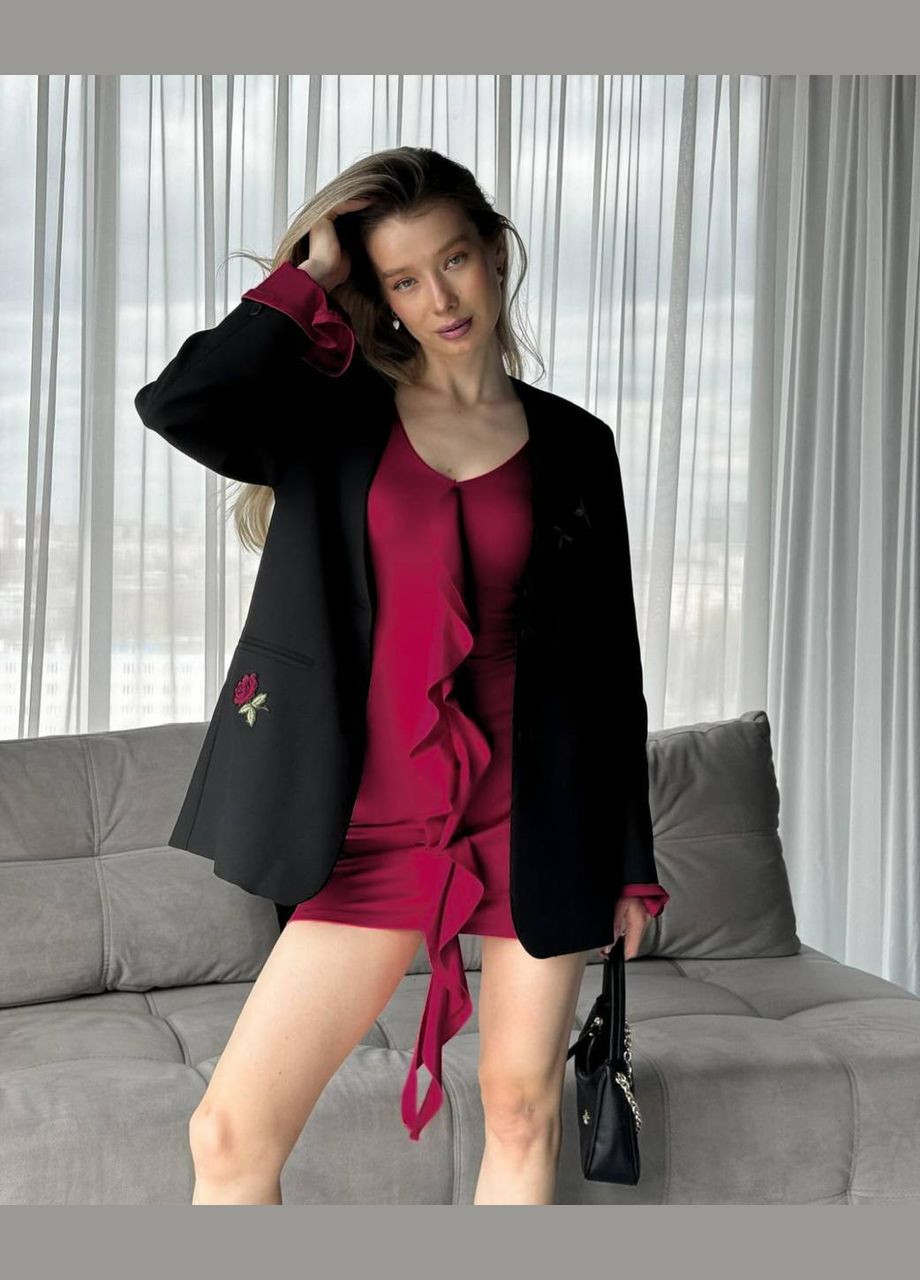 Бордова повсякденний сукня міні декорована рюшами No Brand однотонна