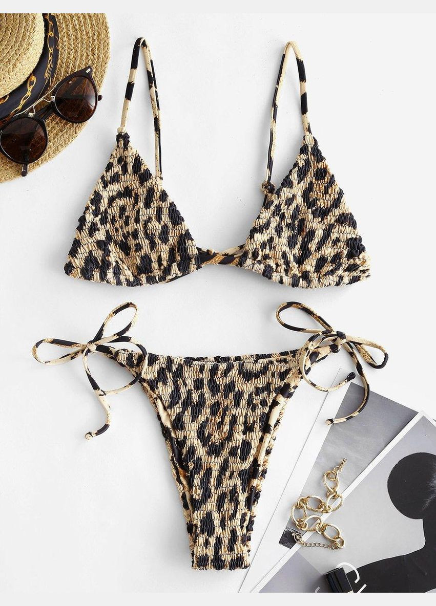 Комбінований демісезонний жіночий роздільний купальник бікіні zaful, двійка з леопардовим принтом на зав’язках м/10/38 відкритий, тренд No Brand