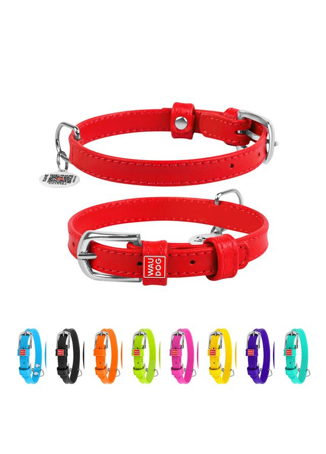Ошейник для собак кожаный Glamour с QR паспортом, без украшений,, Ш 15 мм, Длин 27-36 см красный WAUDOG (322001725)
