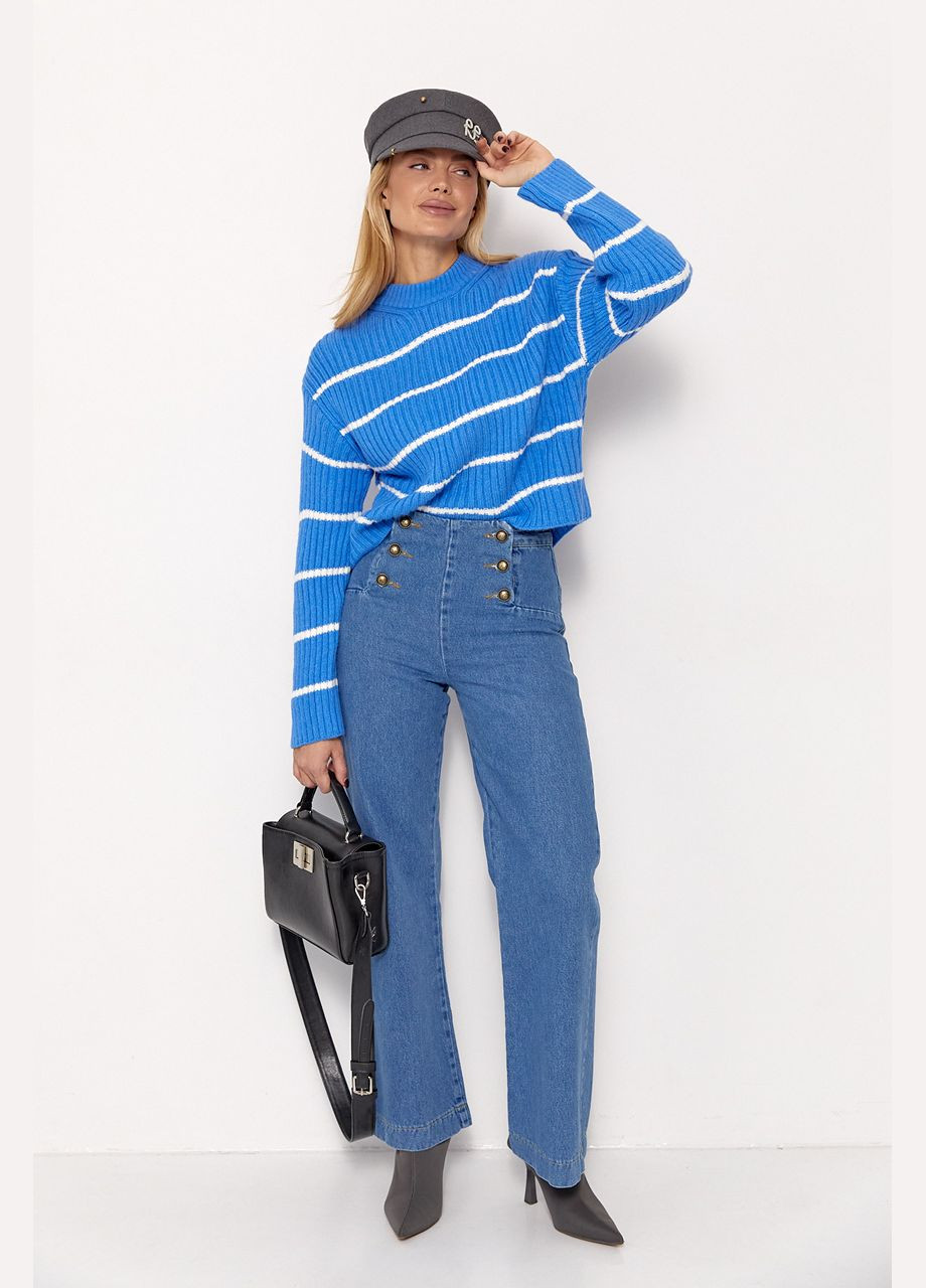 Синий зимний вязаный женский свитер в полоску Lurex