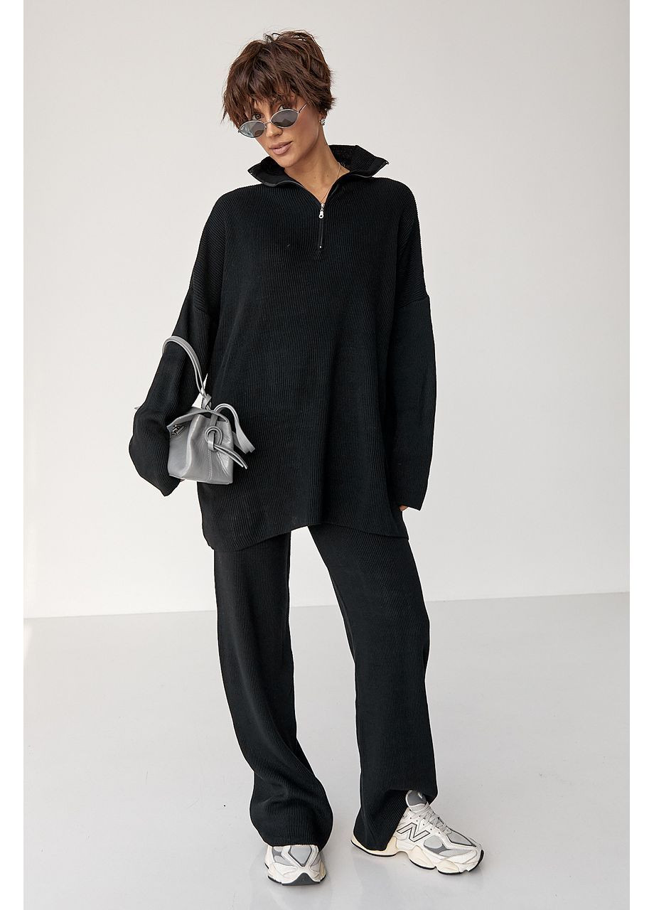 Вільний костюм у рубчик зі светром і прямими брюками - коричневий колір Lurex (370602174)