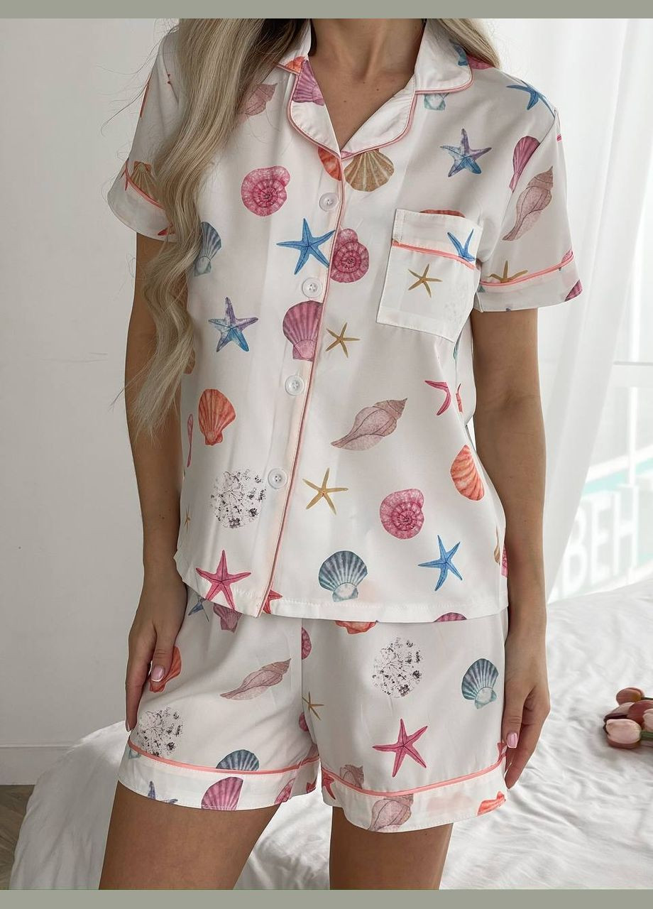 Молочная всесезон стильный домашний костюмчик-пижамка рубашка + шорты Vakko