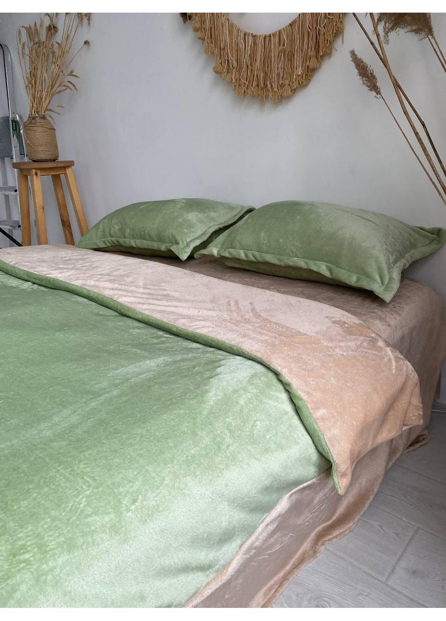 Постільна білизна з резинкою Бежевий + Оливковий, плюш Сімейний розмір, наволочки 70/70 No Brand (364219800)