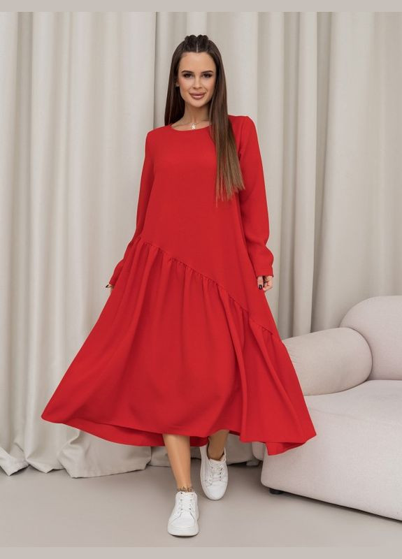 Красное повседневный красное платье с асимметричным воланом ISSA PLUS однотонное