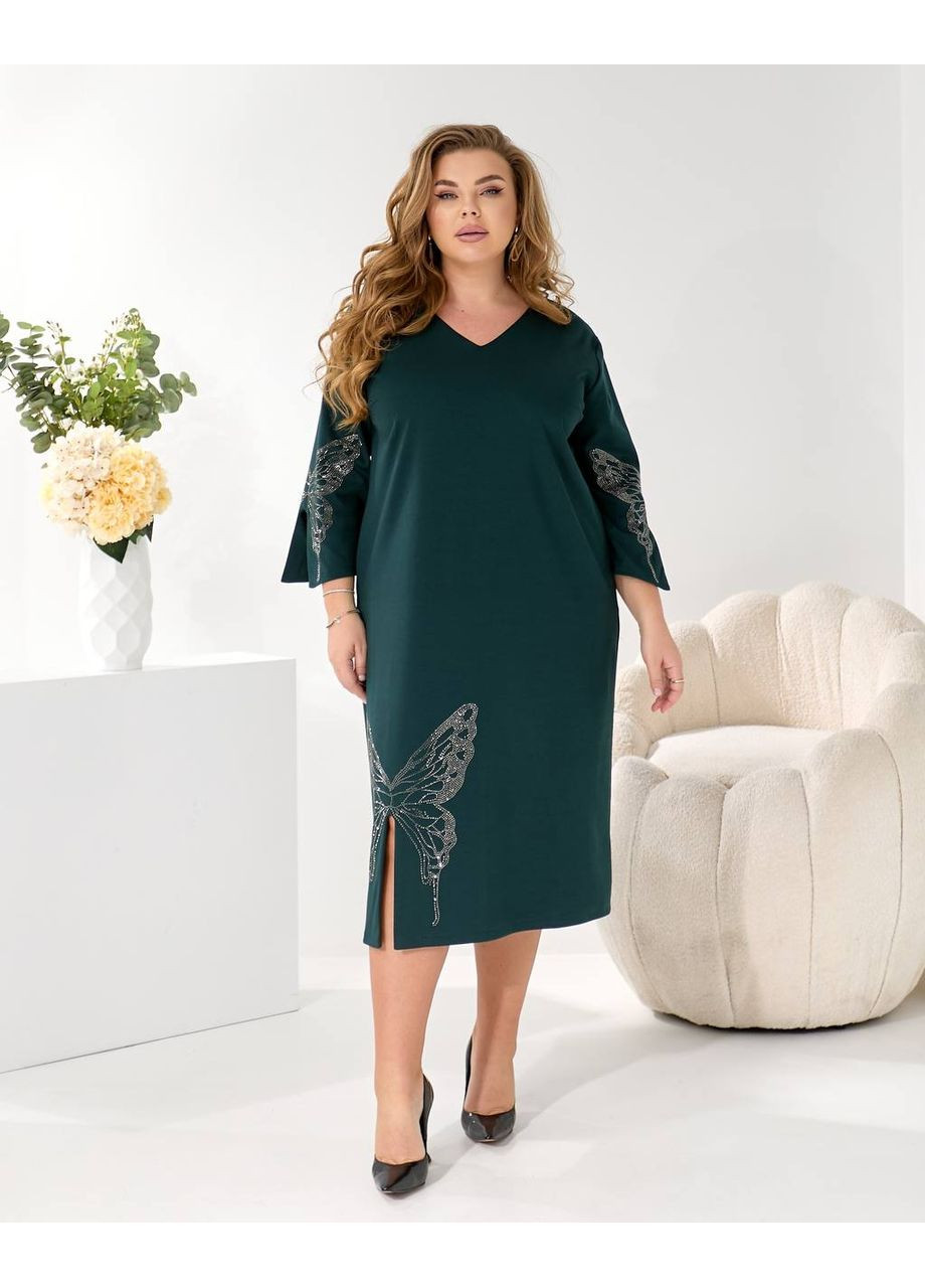 Смарагдова вечірня стильна сукня міді з декором метелик замір в описі DK/DL Мода без кордонів однотонна
