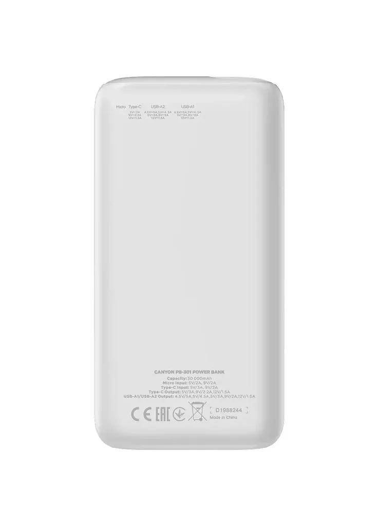 Батарея універсальна PB-301 30000mAh PD/20W, QC/3.0 (CNE-CPB301W) Canyon (343248597)