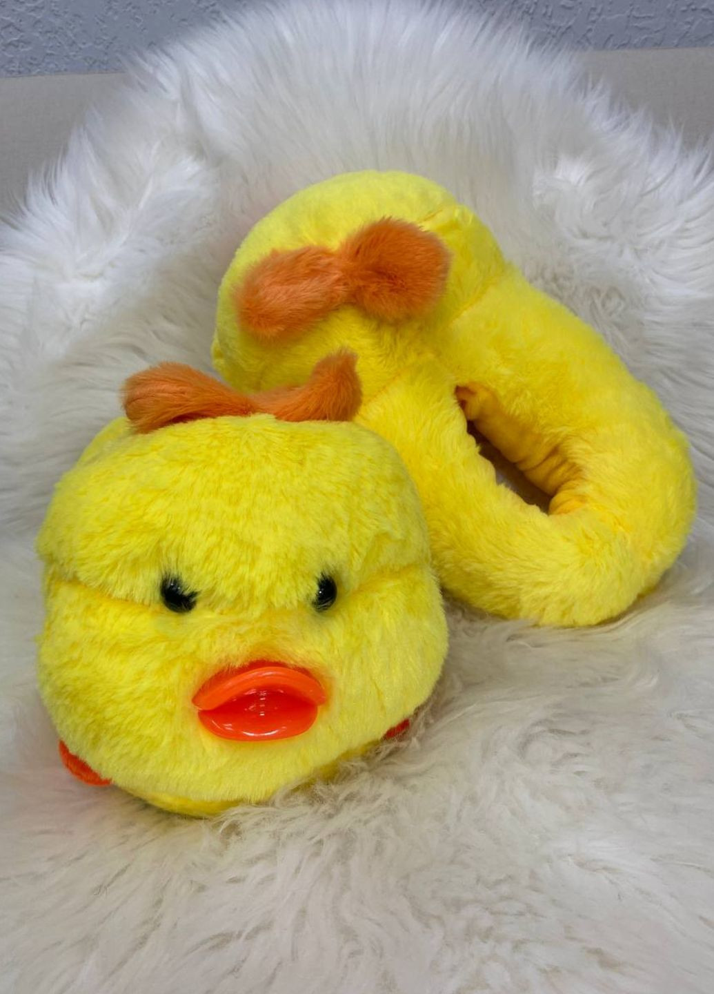 Желтые мужские плюшевые домашние тапочки утёнок с бантиком My Kigu