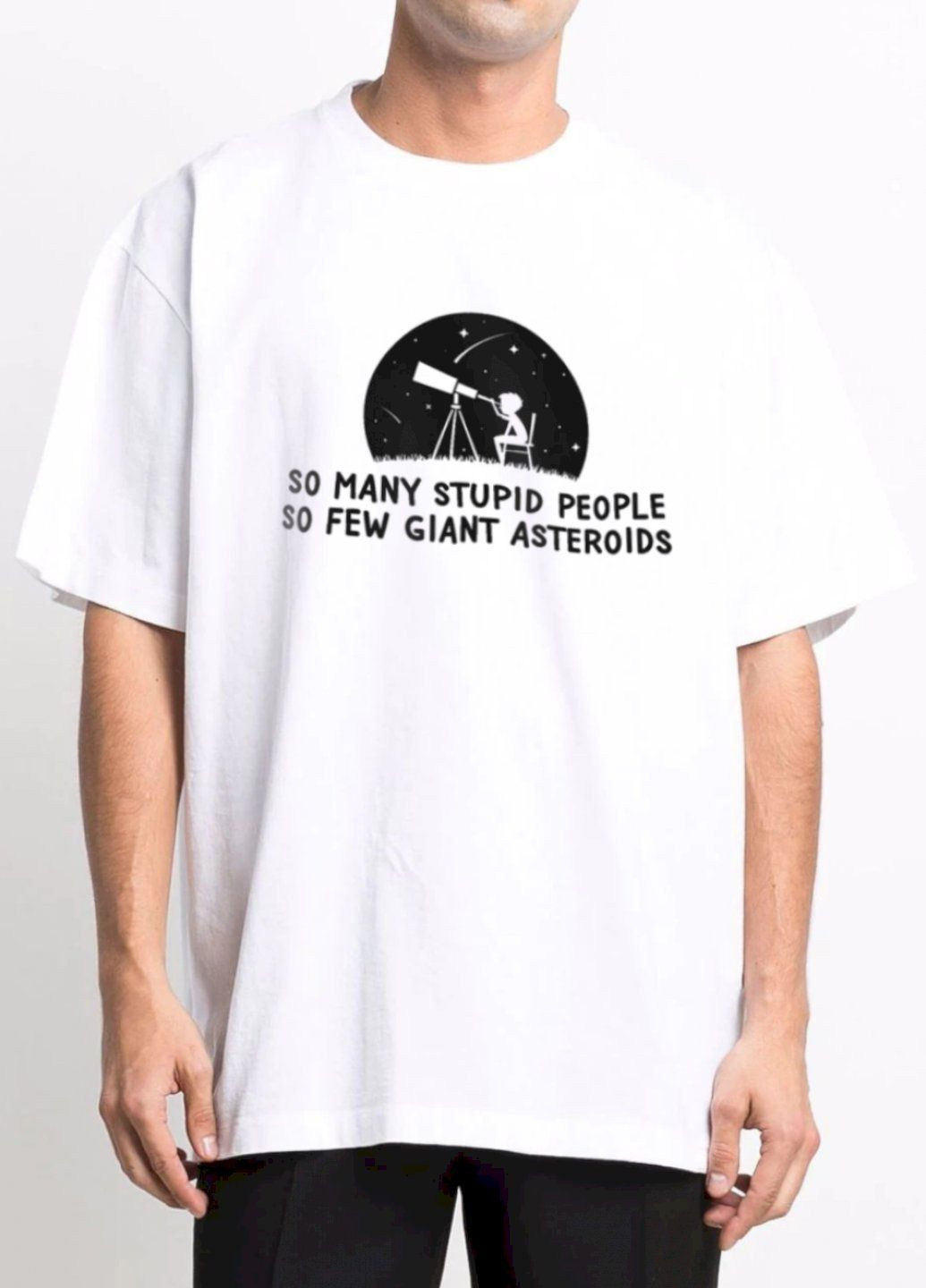 Біла футболка oversize чоловіча біла "so many stupid people. so few giant asteroids " Trace of Space