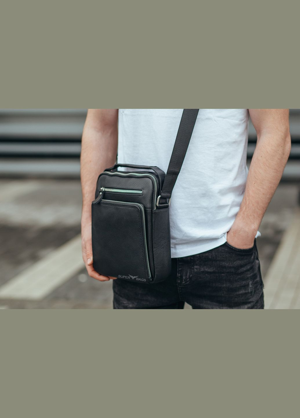 Мужская черная сумка-барсетка через плечо из натуральной кожи с наружными карманами Tiding Bag (298568607)
