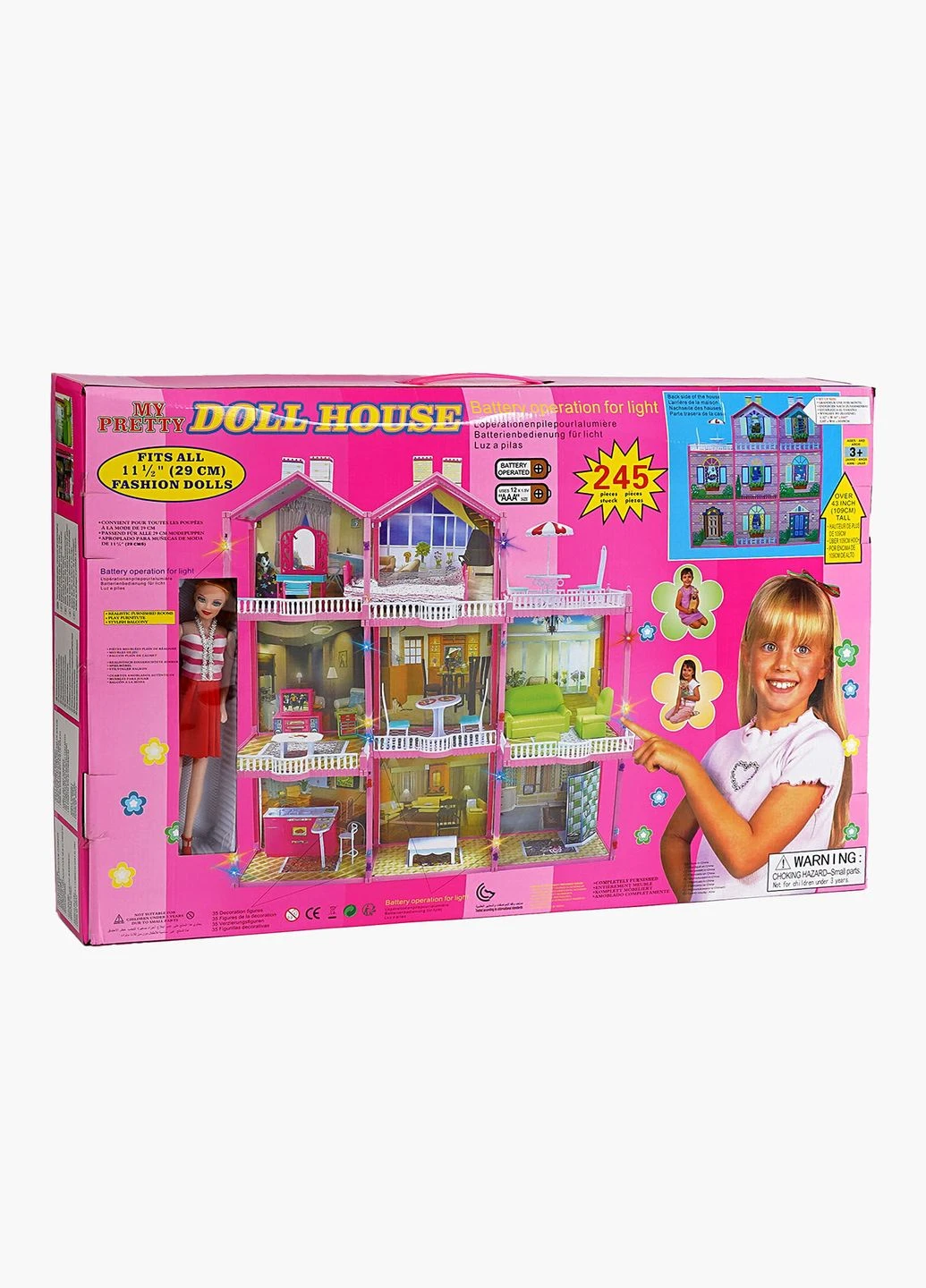 Детский домик для кукол, 3 этажа, свет, мебель. Pink (81346) Yufeng (340910735)
