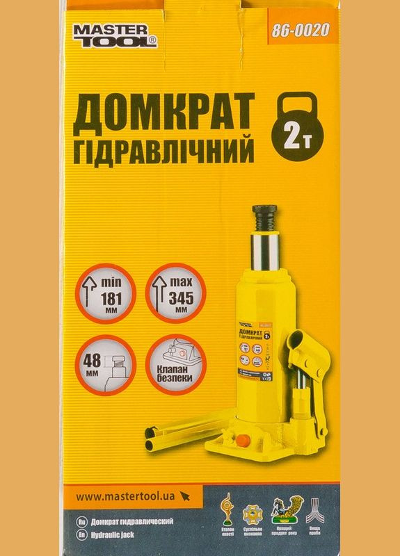 Домкрат гидравлический бутылочный 2 т, 181-345 мм (86-0020) Mastertool (340909667)