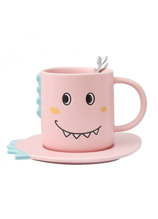Чашка з блюдцем та ложкою Dino керамічна 350мл для дітей рожевий посуд для напоїв ProDobro (365441586)