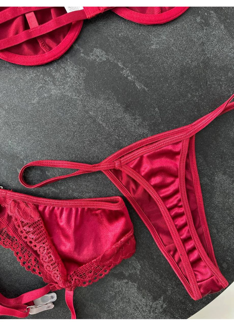 Бордовий балконет комплект білизни "premium" з поясом та гартери Vital-Textile з кісточками поліестер, еластан