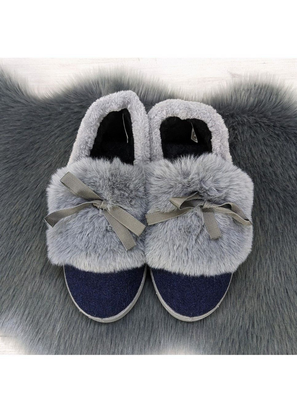 Синие тапочки чуни женские теплые синие с меховой опушкой Progress