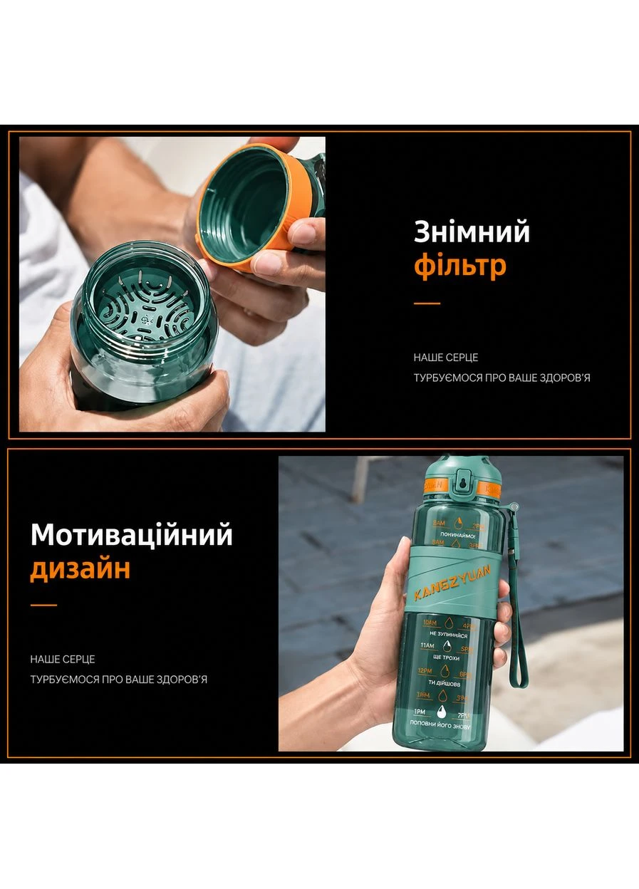 Спортивная бутылка KANGZYUAN 1000 мл (1 л) - Зеленая Tritan BPA-free, ударопрочная эко-бутылка с фильтром и ремешком No Brand (394191104)