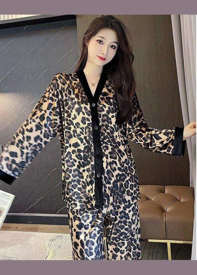 Черная всесезон комплект пижамный домашний женский атласный leopard леопардовый рубашка + брюки No Brand Леопард