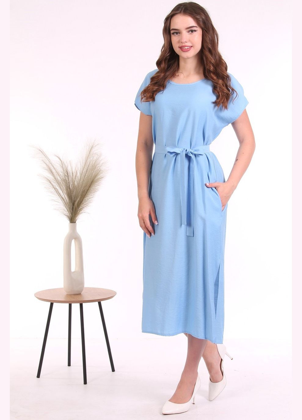 Голубое кэжуал платье летнее женское 063 лен жатка голубое Актуаль