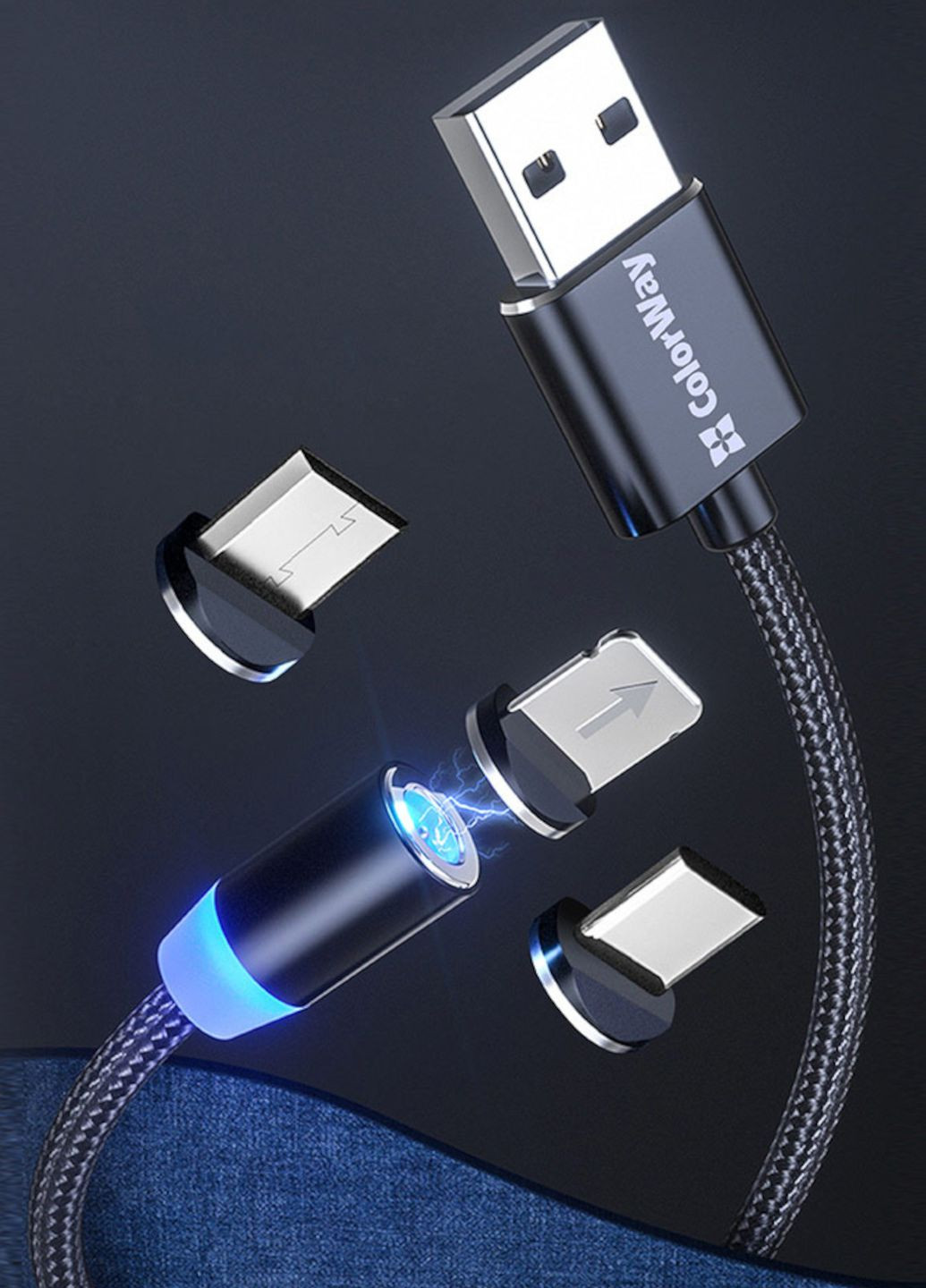 Магнітний кабель для зарядки телефону Lightning+MicroUSB+Type-C, магнітна зарядка на айфон та андроїд Colorway (355267354)