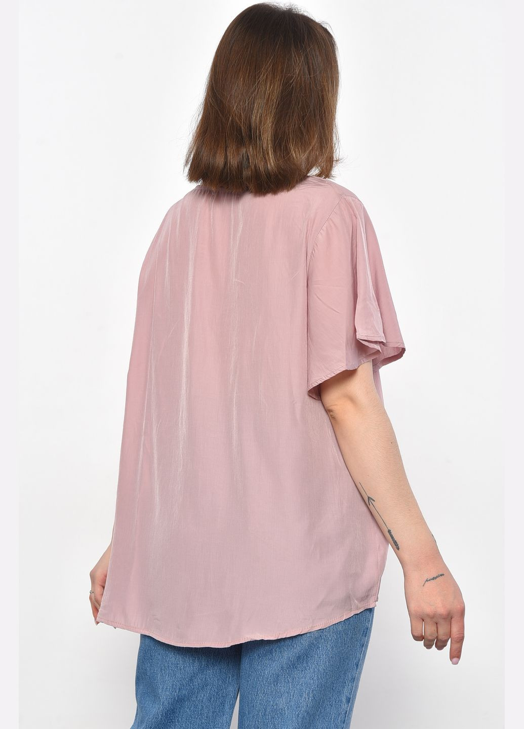 Бежевая блуза женская полубатальная с коротким рукавом пудрового цвета с баской Let's Shop