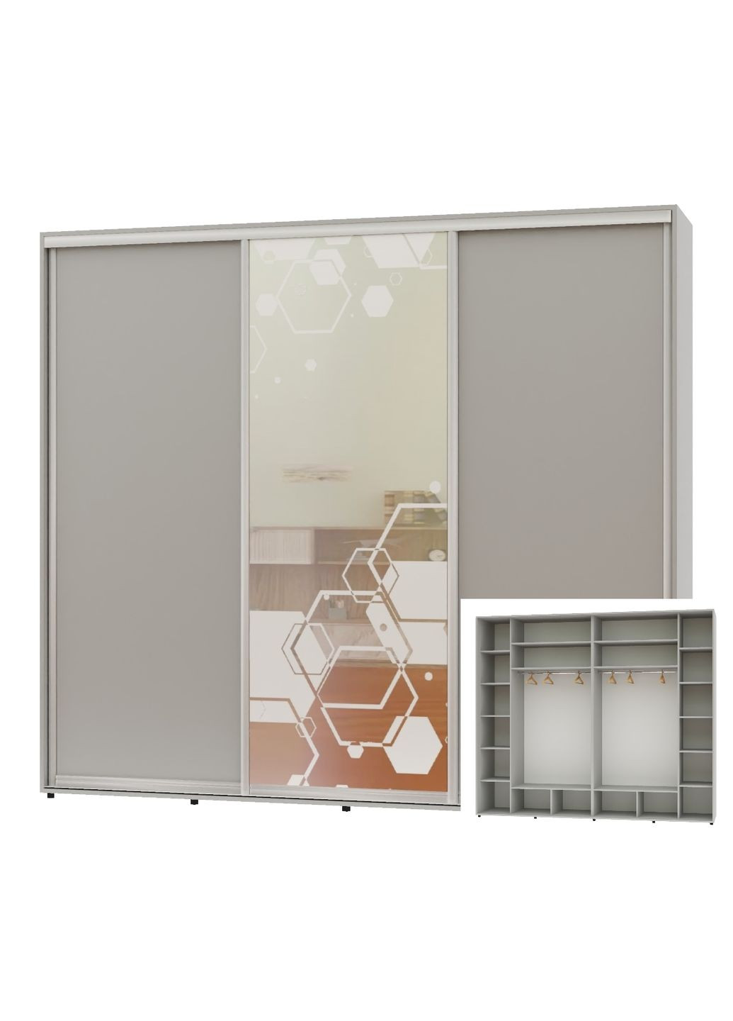 Шафа-купе тридверна 300*60*240 Сірий 2 ДСП/Дзеркало з піскострумним малюнком Люкс-149 Алекса (360447465)