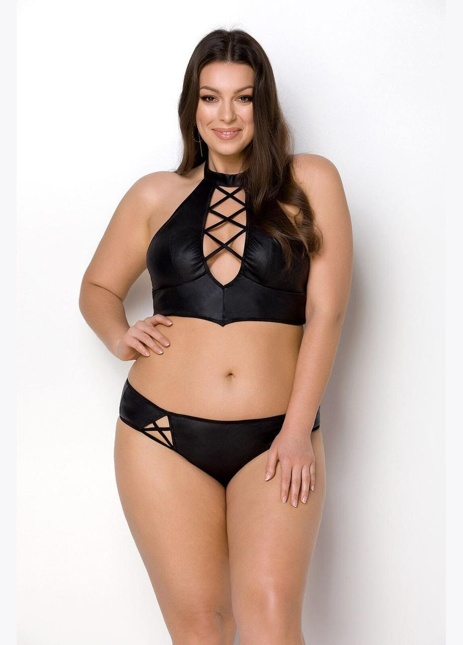 Чорний демісезонний комплект з екошкіри nancy bikini black 6xl/7xl —, бра та трусики з імітацією шнурівки Passion
