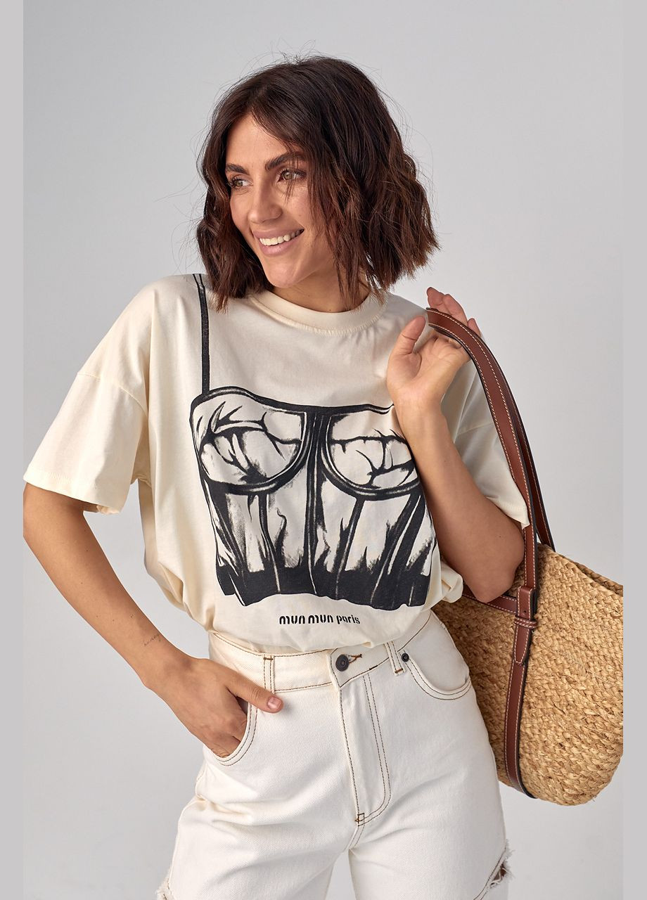 Бежевая летняя женская футболка с принтом в виде корсета Lurex
