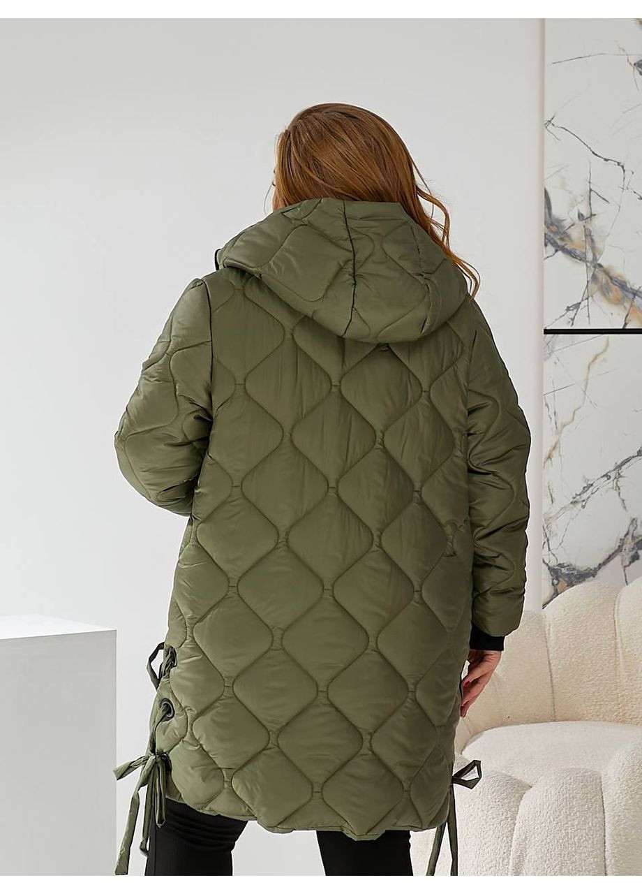 Оливковая (хаки) зимняя куртка-пальто плащевка лаке на синтепоне 250,стеганая с глубоким капюшоном и карманами Україна