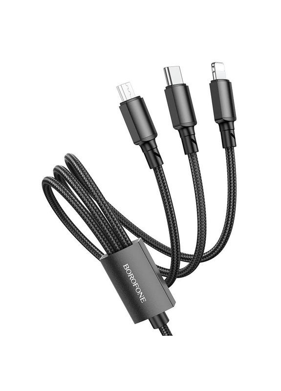Кабель 3в1 MicroUSB (Android) + Type-C (Android) + Lightning (iPhone) 3in1 BX72 |1m, 2A| Чорний Borofone (337351432)