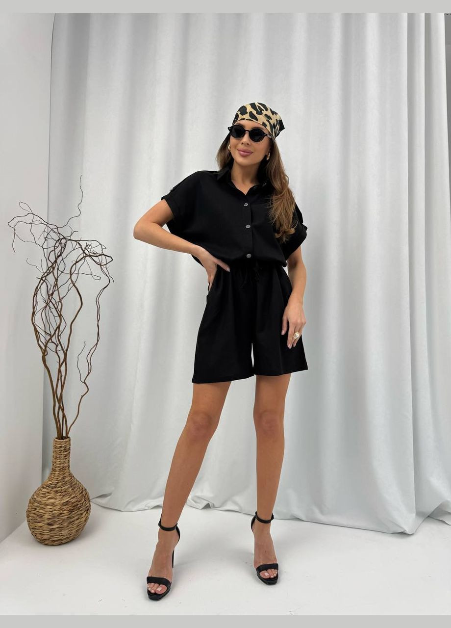 Комбінезон жіночий Україна комбінезон-шорти однотонний чорний повсякденний льон