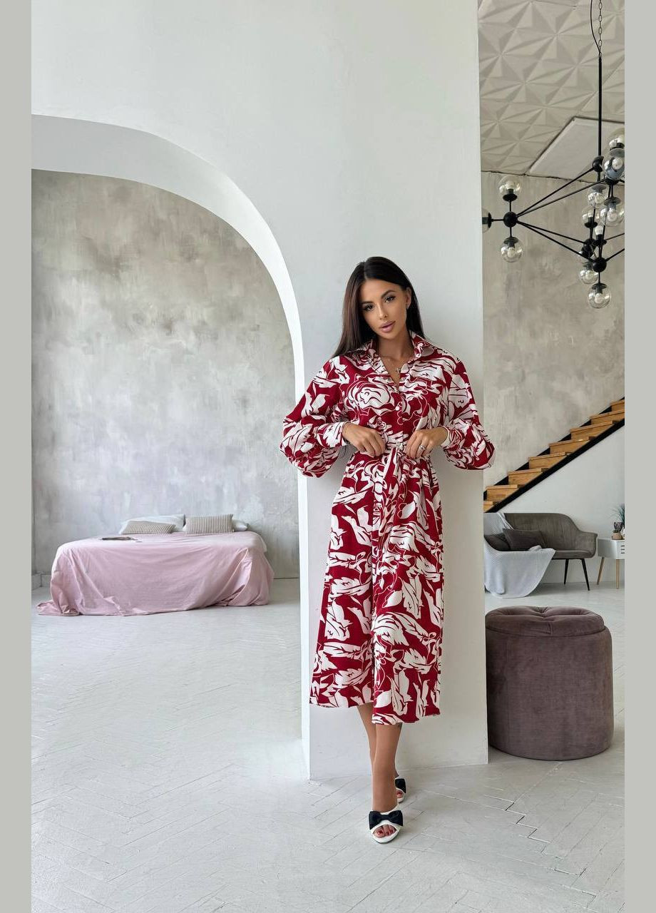 Бордовое кэжуал платье No Brand с цветочным принтом