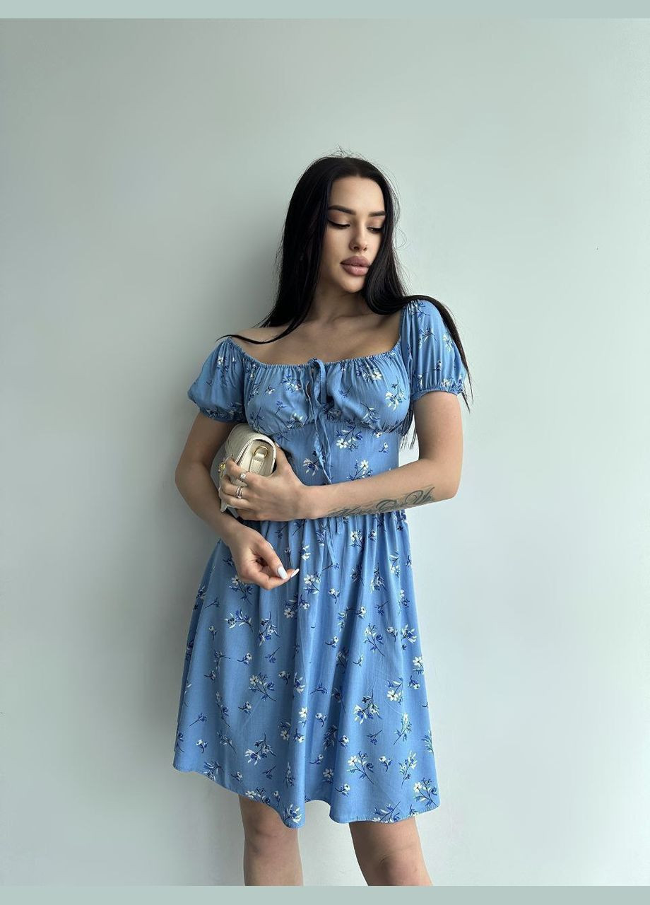 Голубое повседневный, кэжуал женское платье с открытыми плечами Style Point с цветочным принтом