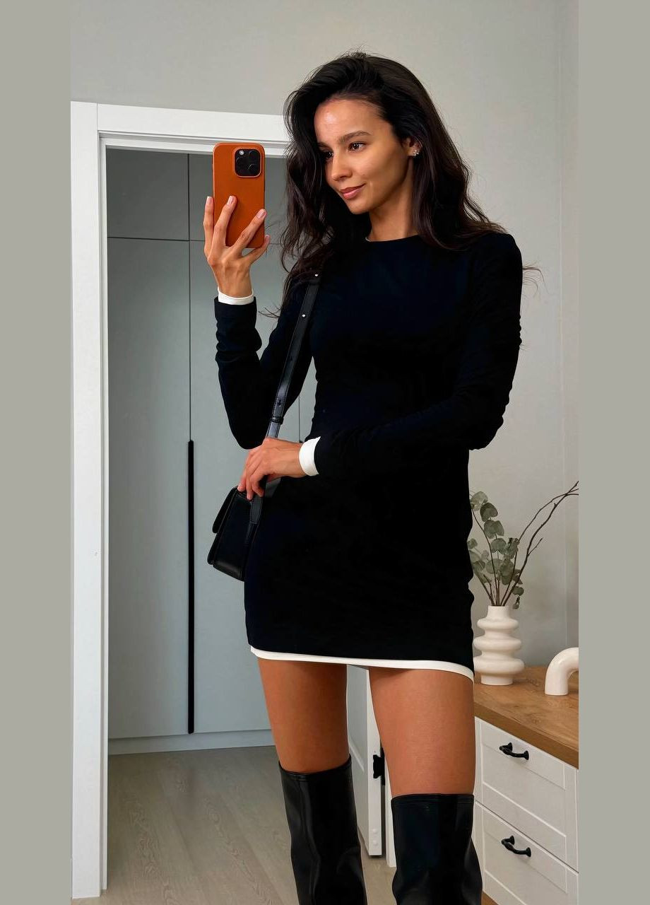 Чорна однотонна приталена коротка сукня з довгим рукавом, міні-сукня в чорному кольорі. No Brand