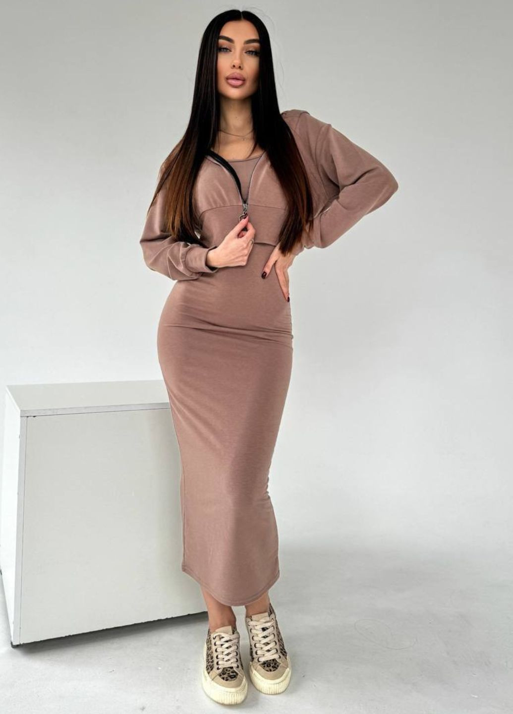 Женский костюм из двунити: меди платье силуэтное и укороченная кофта с капюшоном Україна (328392496)