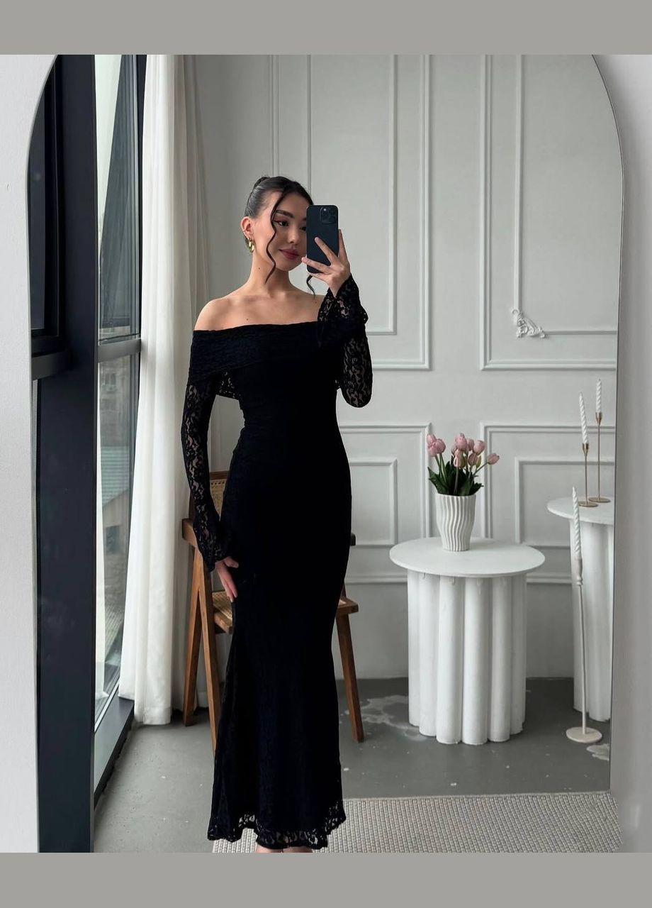Чорна святковий, відвертий, коктейльна, вечірня жіноча сукня з відкритими плечима, силуетна FINO Mode