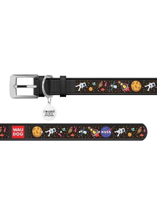 Ошейник для собак кожаный WAUDOG Design с QR паспортом, рисунок "NASA",, Ш 25 мм, Дл 38-49 см No Brand (363198230)