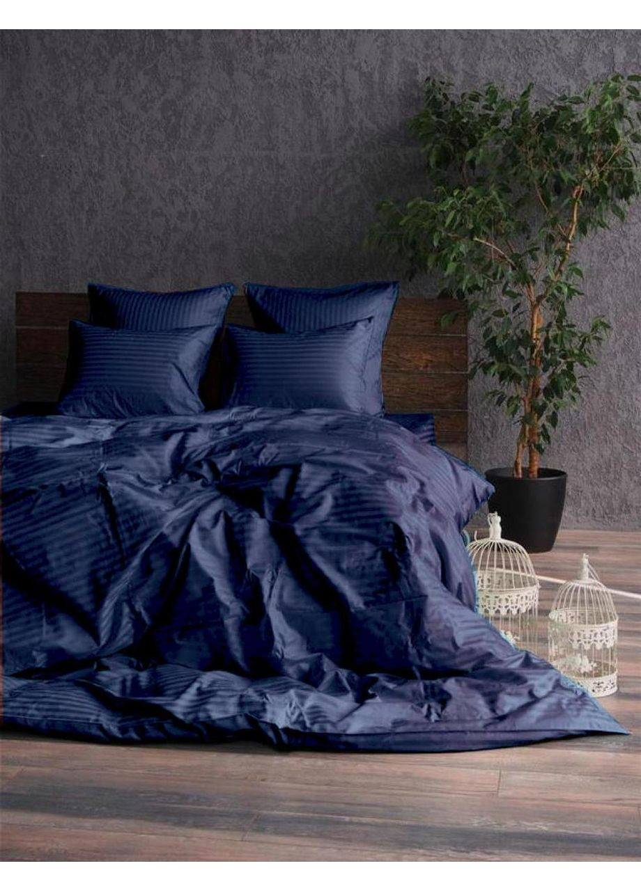 Постельное белье с резинкой DARK BLUE, сатин страйп LUX Полуторный размер, наволочки 50/70 No Brand (364219509)