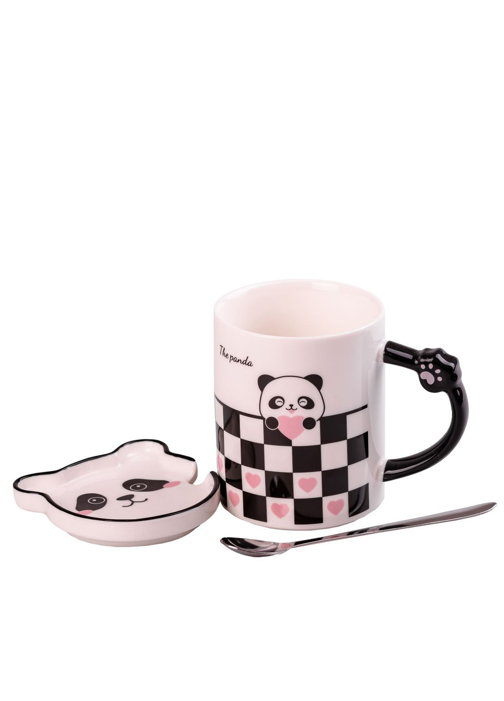 Чашка керамическая 350 мл The Panda с блюдцем и ложкой в клетку Happy Life (358649721)