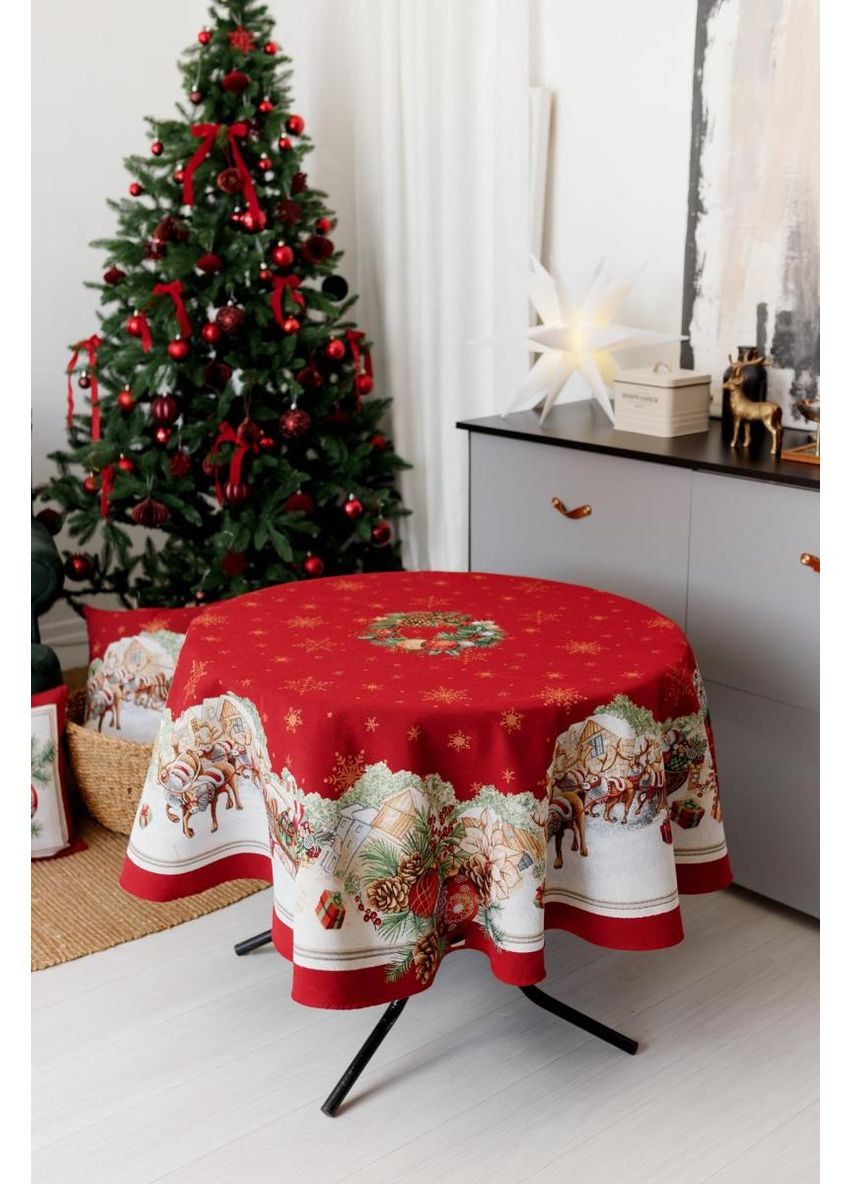 Кругла гобеленова скатертина PRESENT Новорічна декор для святкового столу текстиль для дому D136 см ProDobro (369365330)