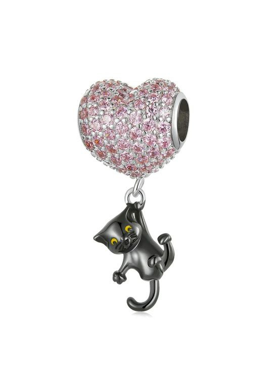 Срібна намистина "Кулька-серце і чорна кішечка" Kabluchka (355345760)
