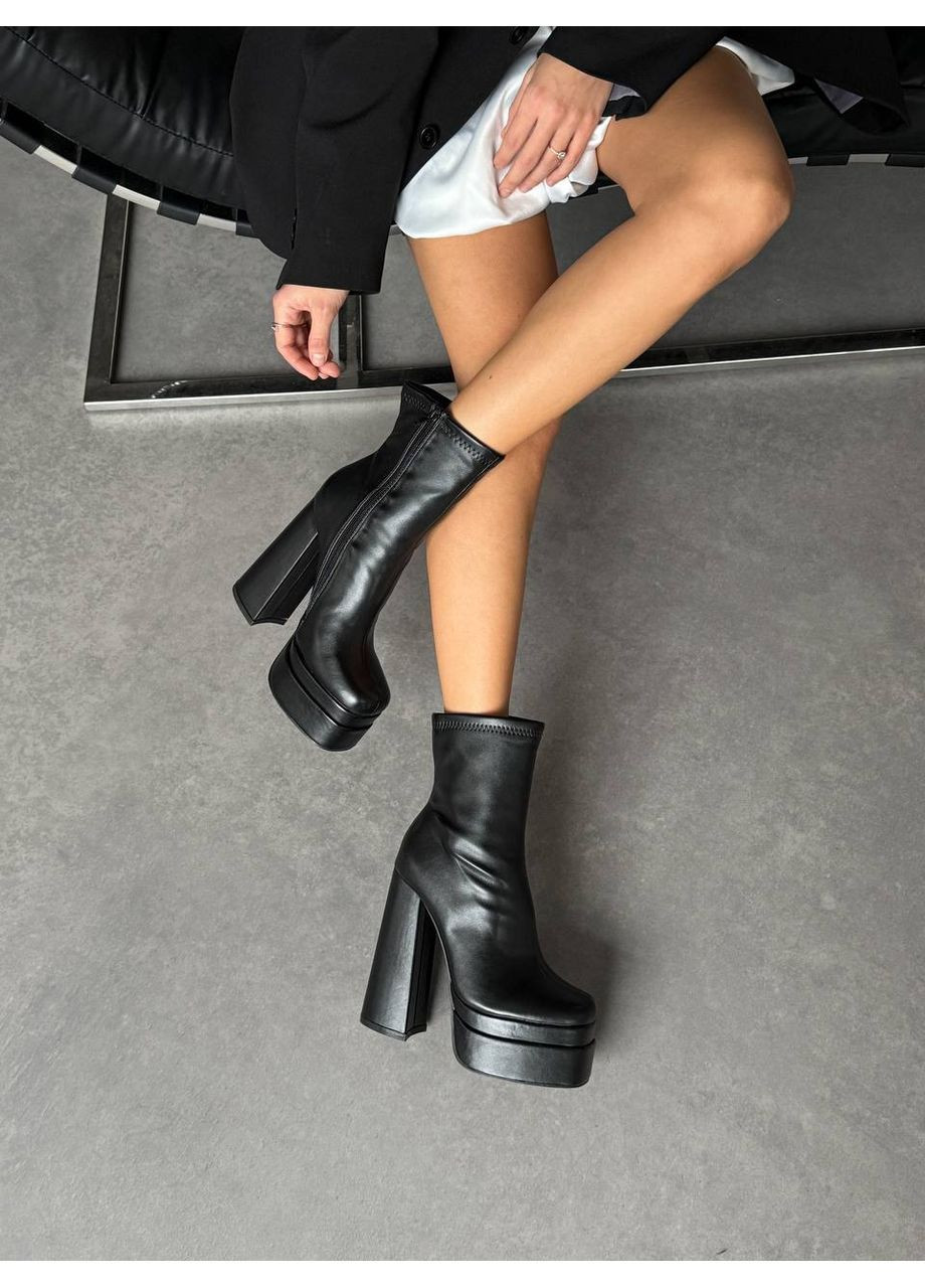 Черные женские стильные ботильоны на высоком каблуке на флисе черный цвет. No Brand