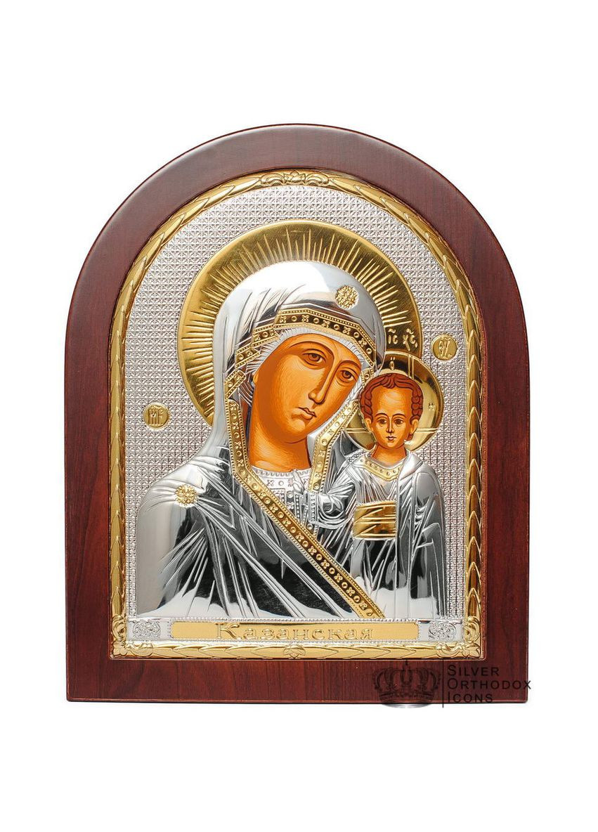 Серебряная Икона Казанская Божья Матерь 10,7х12,8см арочной формы на дереве Silver Axion (265446141)