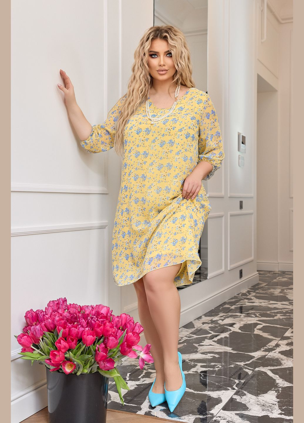Жовтий повсякденний шифонова сукня міді а-силует No Brand з квітковим принтом