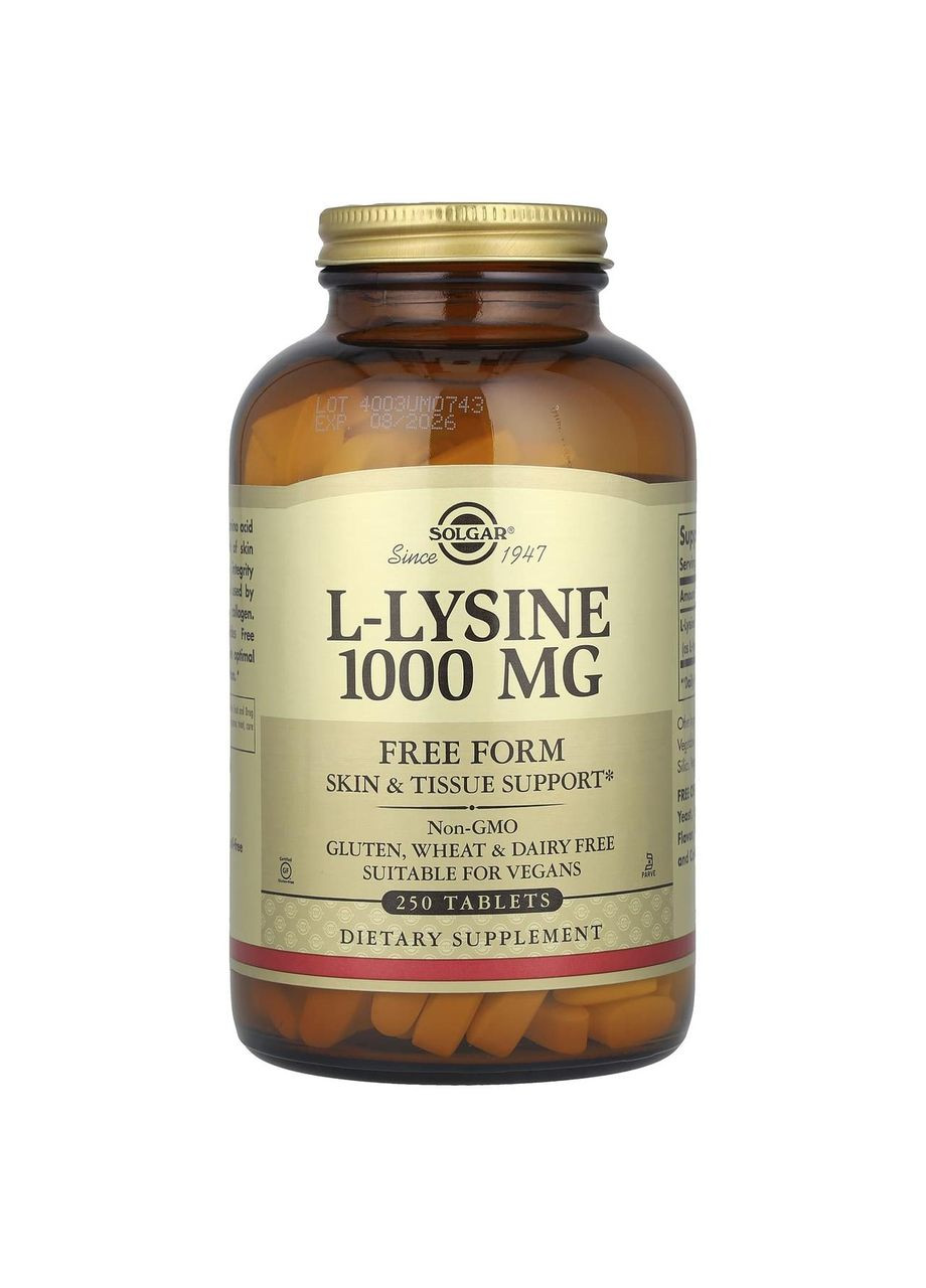 L-лизин, L-Lysine,, свободная форма, 1000 мг, 250 таблеток Solgar (362369532)