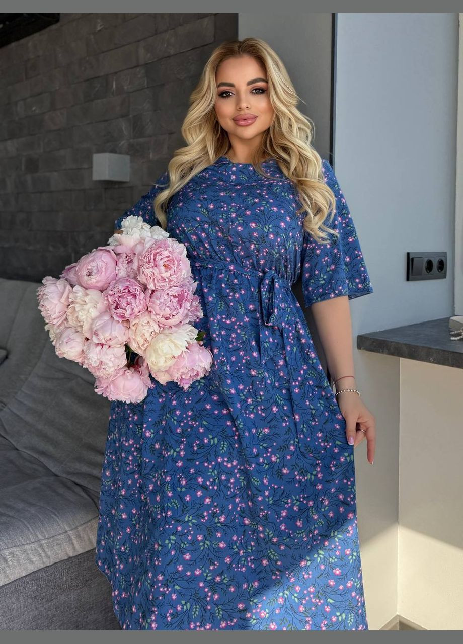 Синее повседневный платье меди с поясом и цветочным принтом MonCher с цветочным принтом