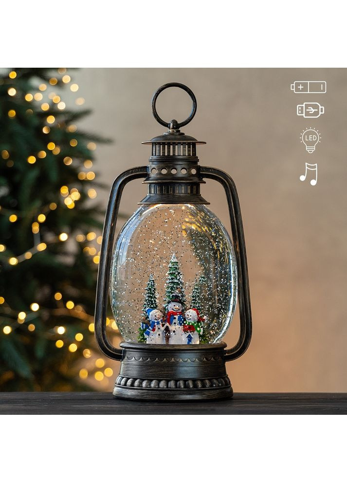 Новорічний ліхтар із підсвіткою й музикою Сніговики 22 см 19240-003 No Brand (362577290)