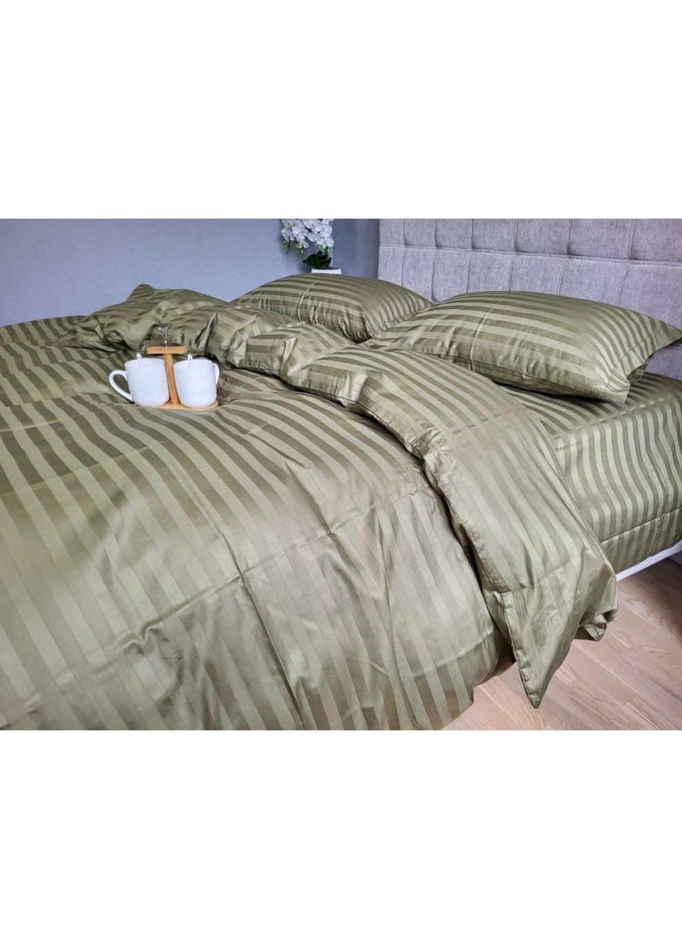 Постільна білизна з резинкою KHAKI, сатин страйп PREMIUM 2/2см Двухспальний розмір, наволочки 70/70 No Brand (363189948)