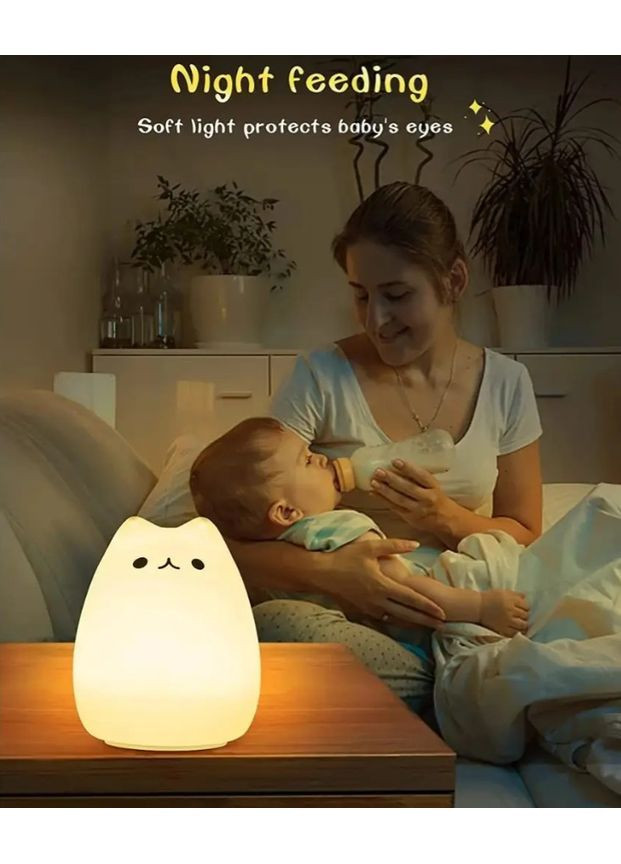 Нічник дитячий силіконовий білий LED Котик, акумуляторний RGB, настільний світильник для дітей No Brand (364191360)