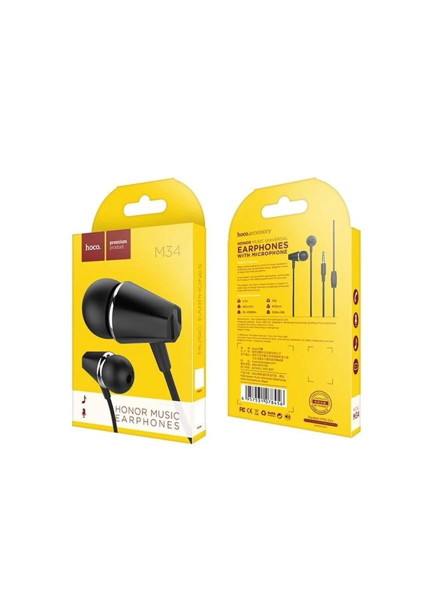Наушники M34 honor music universal earphones with microphone Black Hoco (302661865)