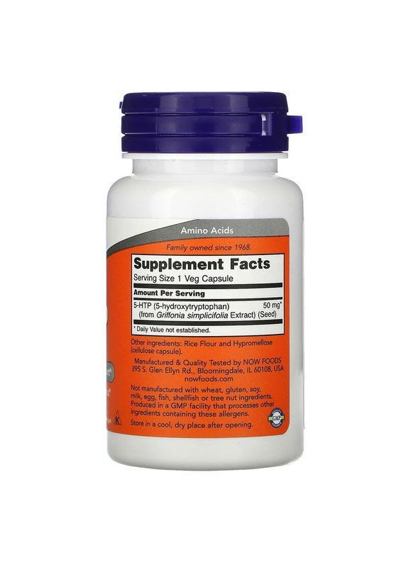 5НТР (5-гидрокситриптофан) 50 мг 30 растительных капсул Now Foods (264648125)