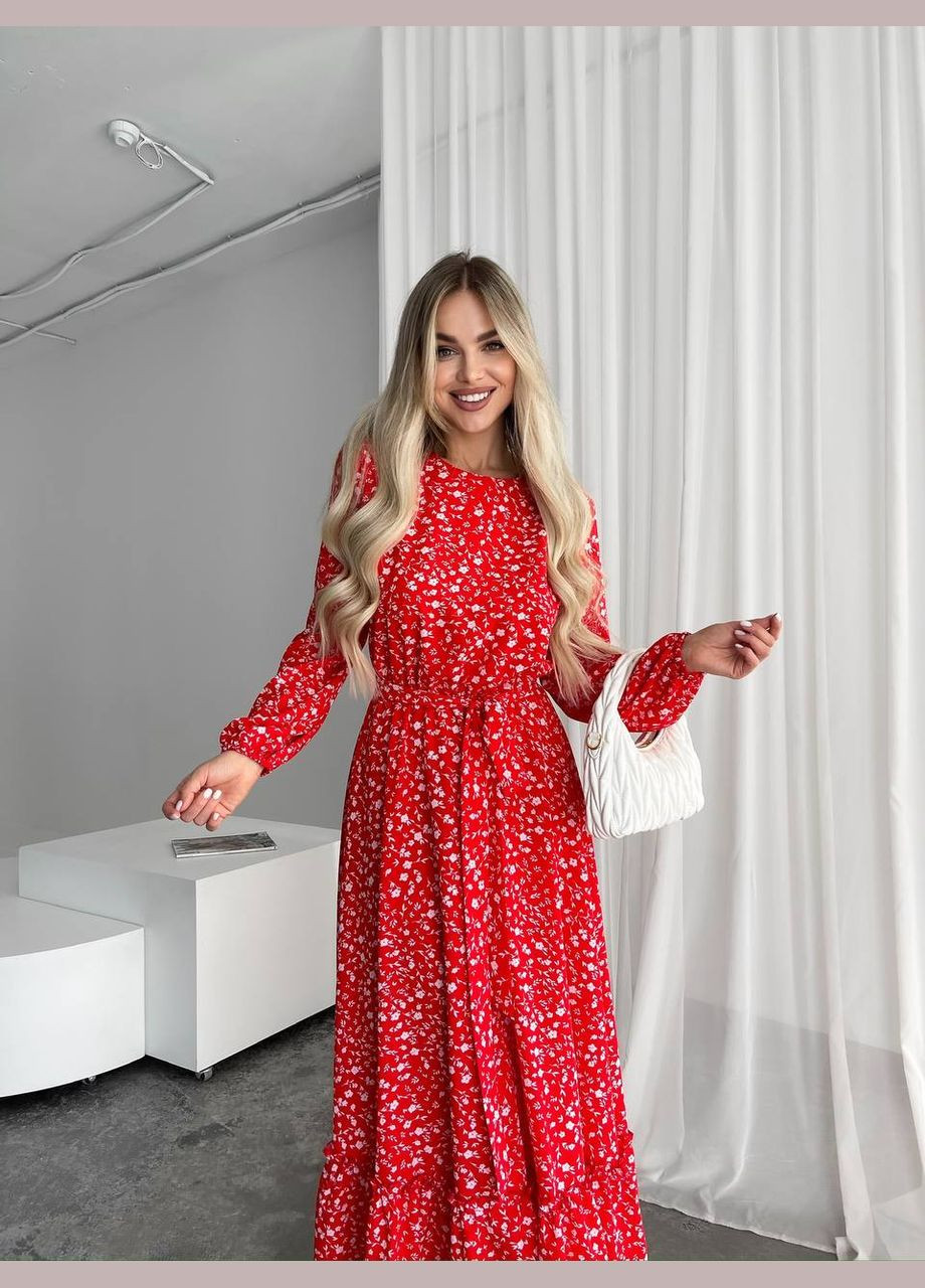 Красное кэжуал женское легкое платье миди клеш Україна с цветочным принтом